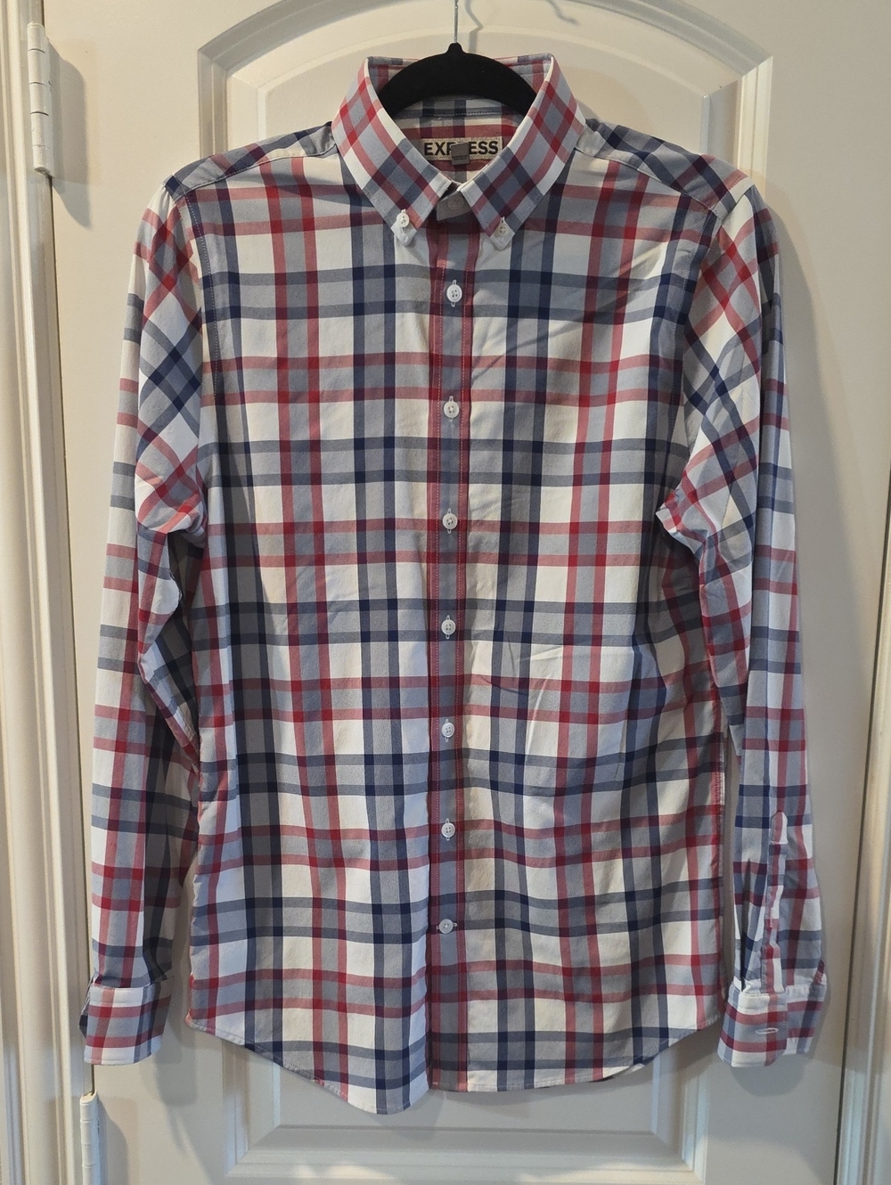 Express Men’s White Red and Blue Plaid Button-Down Shirt Stretch Fabric